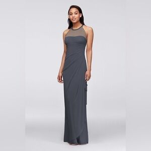 David’s Bridal Pewter halter illusion neckline ruched back bridesmaid dress, 12.